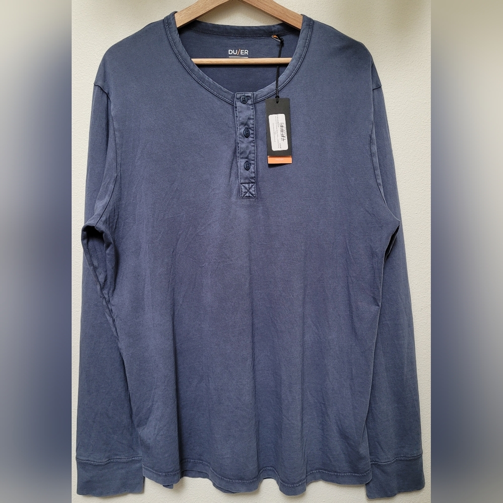 NWT DU/ER Men's 100% Cotton PurePima "Vintage" Henley In Washed Indigo Blue